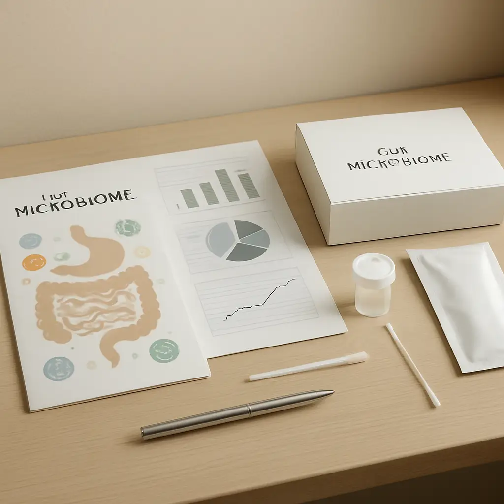 Mission image for Microbiome Test Canada showing educational gut health resources arranged beside a testing kit