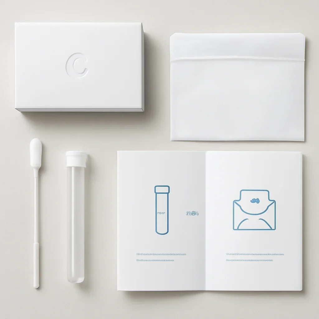 Gut microbiome test kit contents, collection container, packaging and instructions