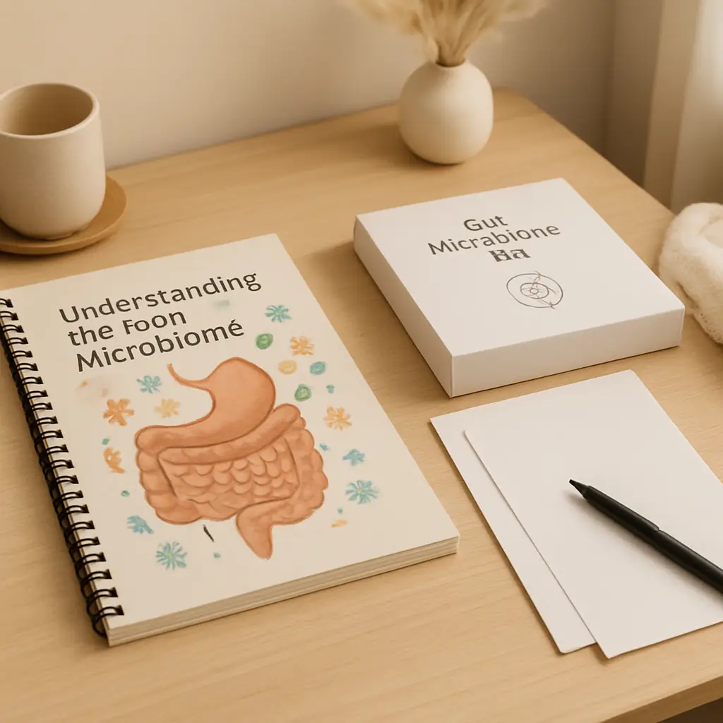 Educational image for gut microbiome basics showing a clean desk with simple microbiome learning materials