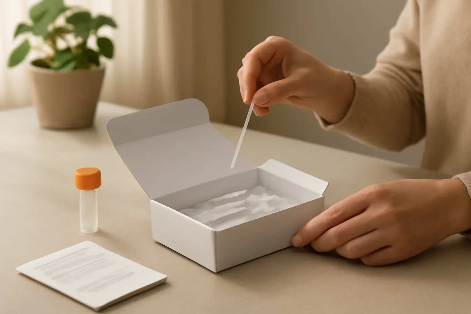 At-home microbiome testing materials beside an educational report used to explain test accuracy