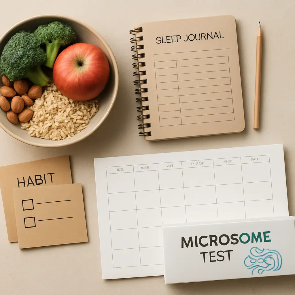 Microbiome routine education image showing food, sleep, and daily habit notes beside a test kit