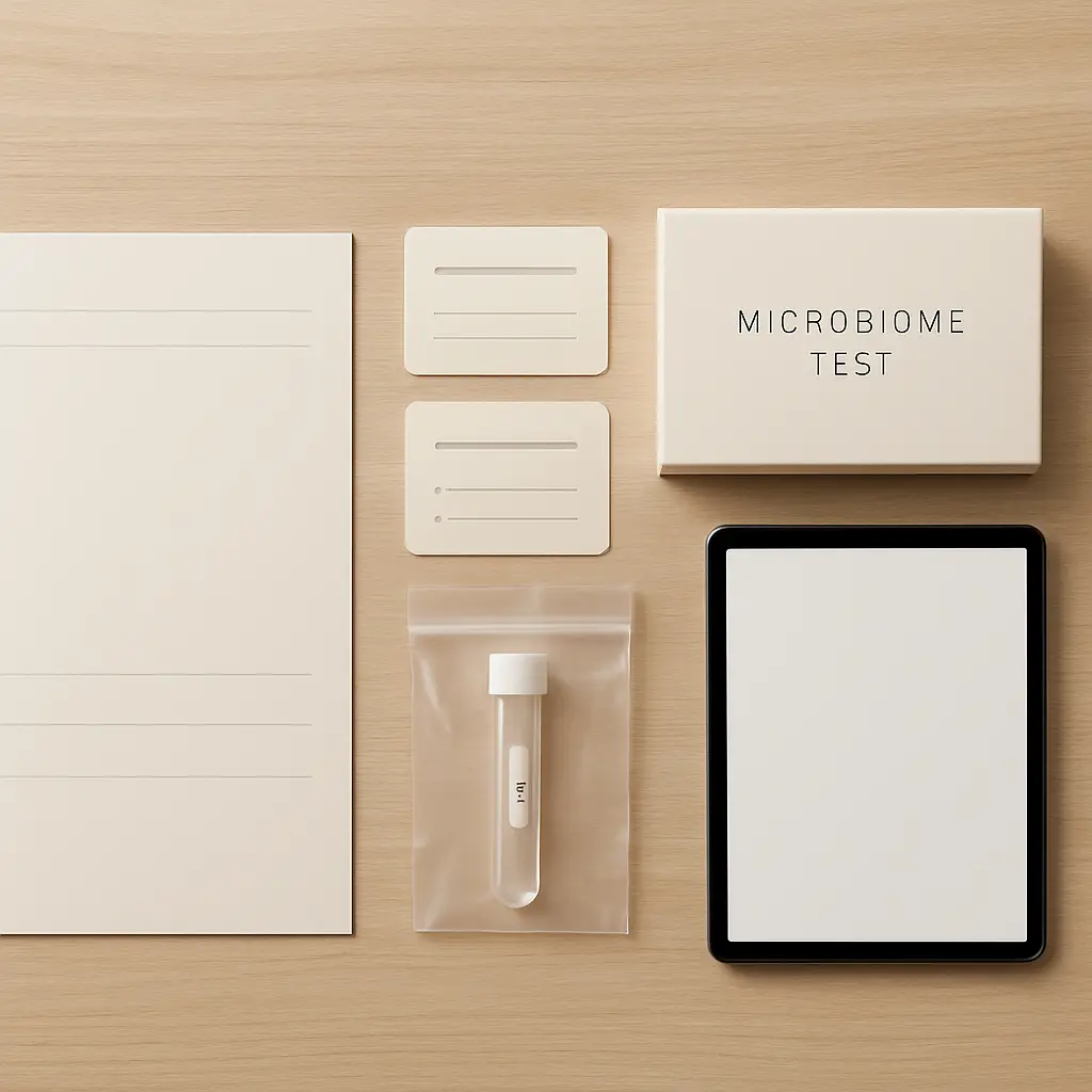 Comparison education image showing different microbiome test guide cards arranged clearly on a desk