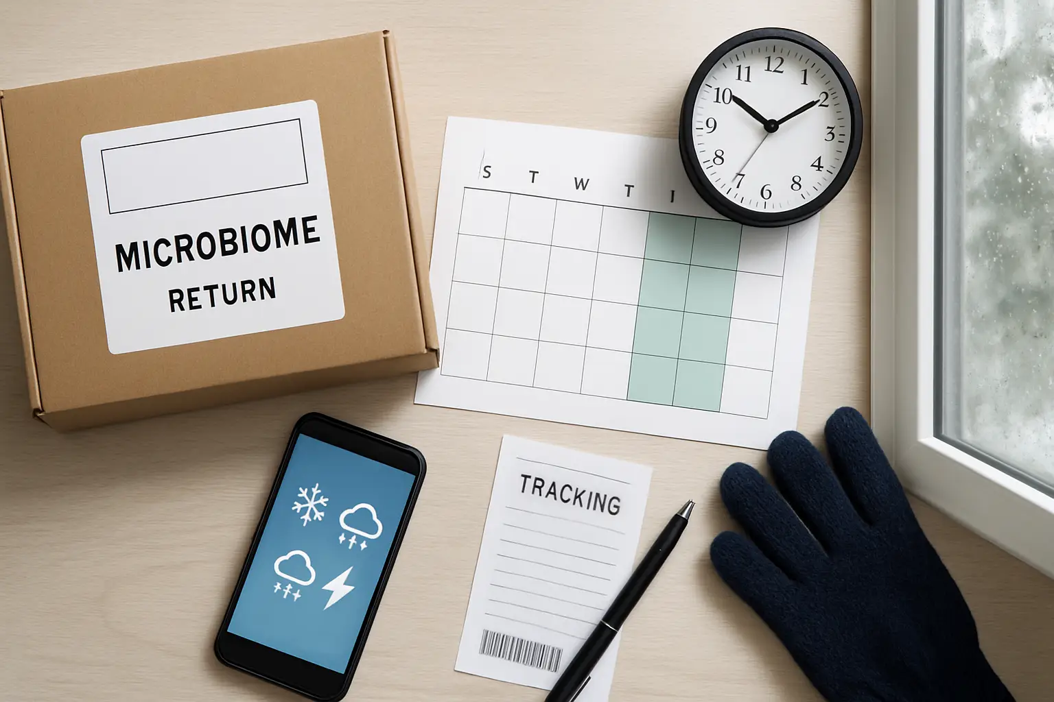 Microbiome sample return package beside a calendar, carrier label and Canadian weather forecast
