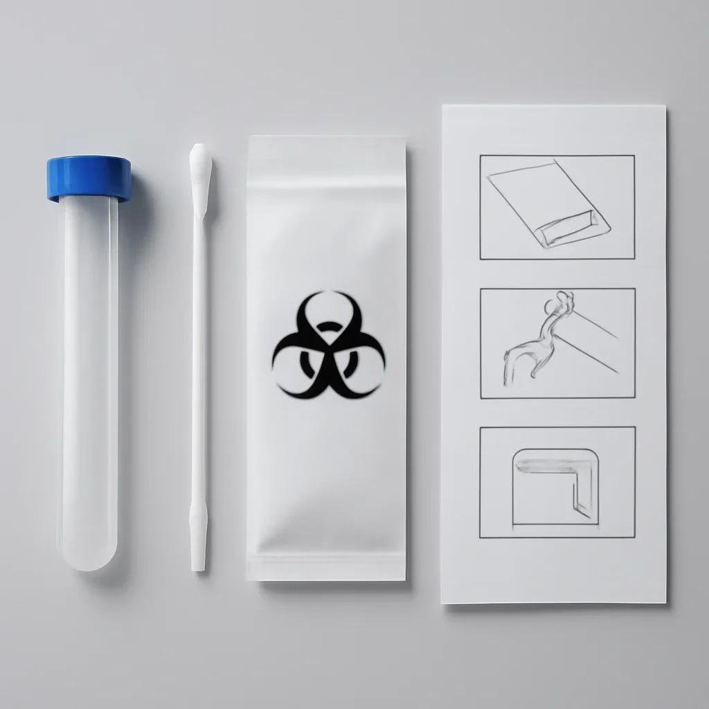 Probiotic label beside microbiome test kit contents and stool sample collection instructions