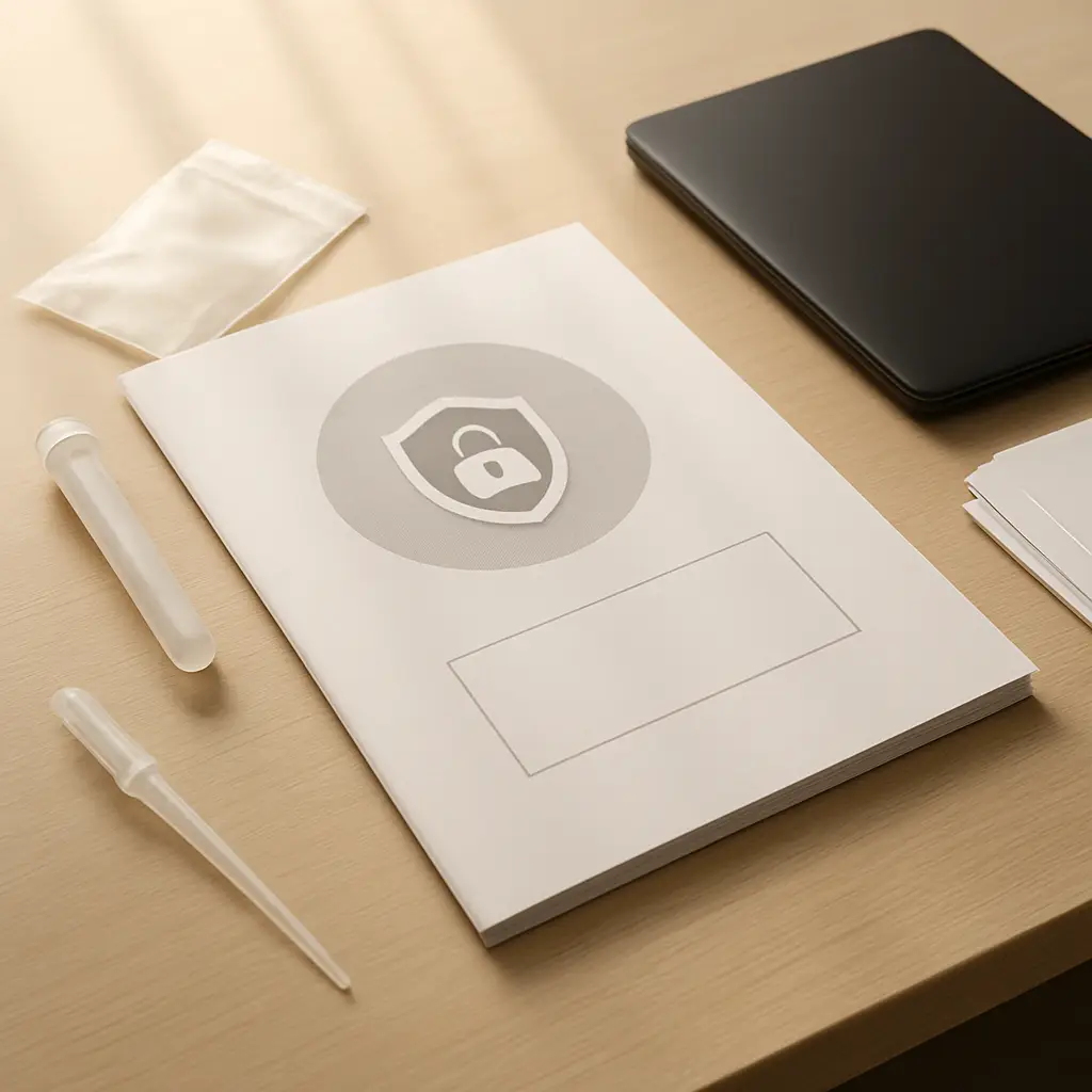 Privacy security image showing protected digital information and microbiome testing documents in a calm office setting