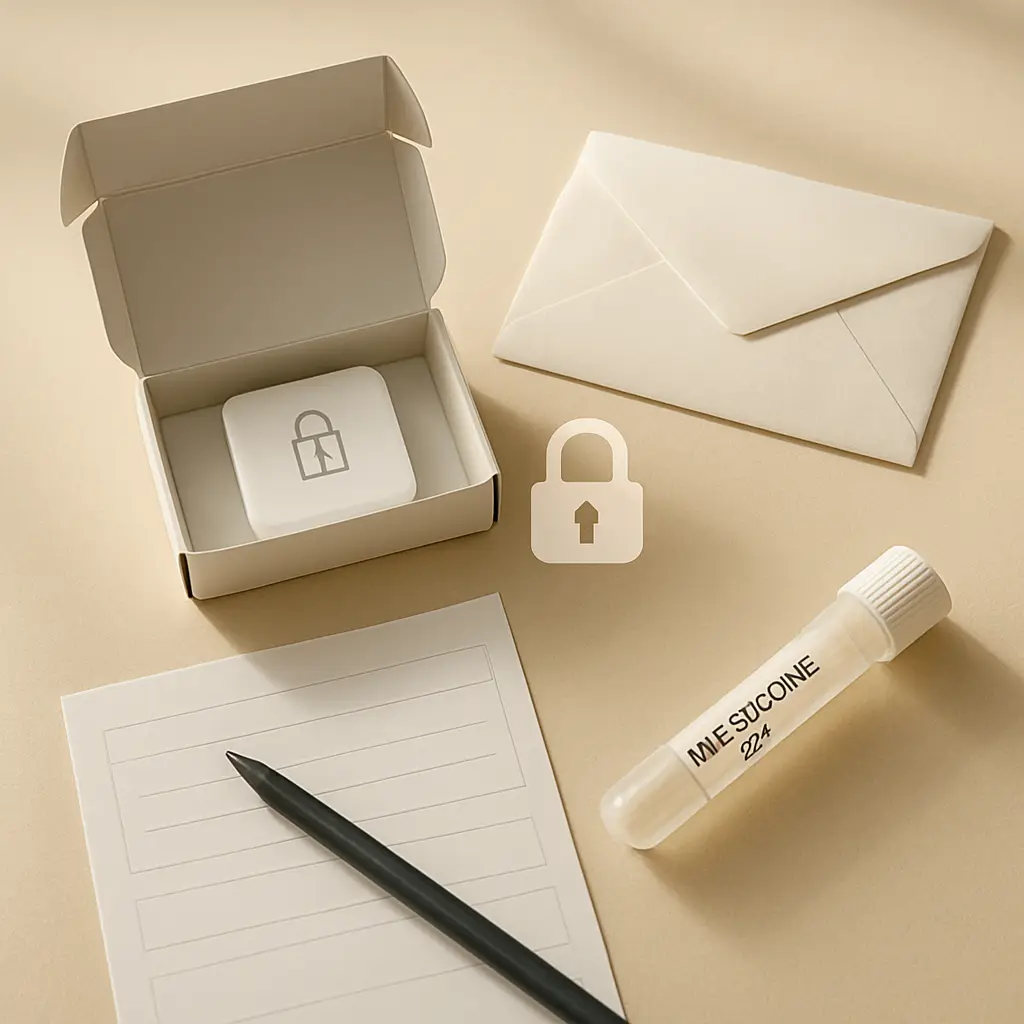Privacy information image showing secure customer details and microbiome test kit documents in a clean setting