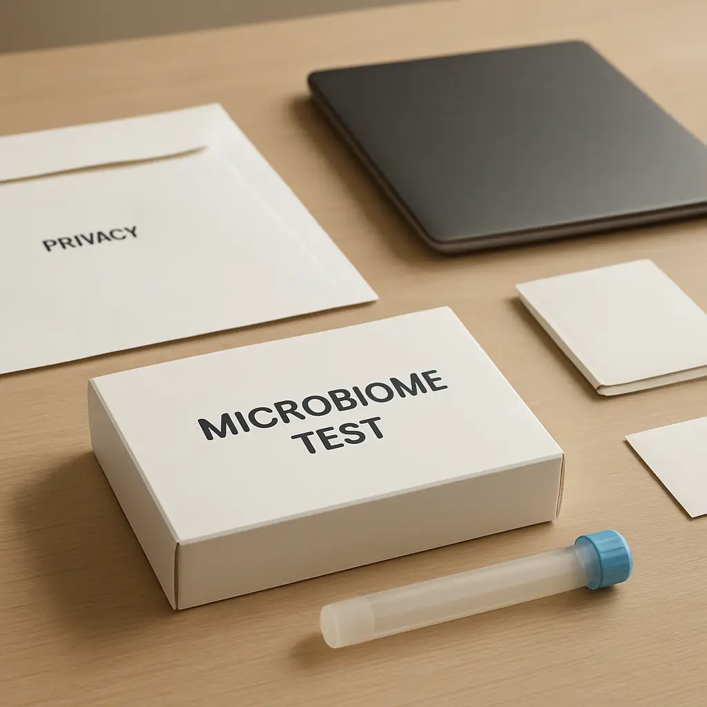 Privacy policy hero image showing secure microbiome test information, a clean desk, and digital privacy concept