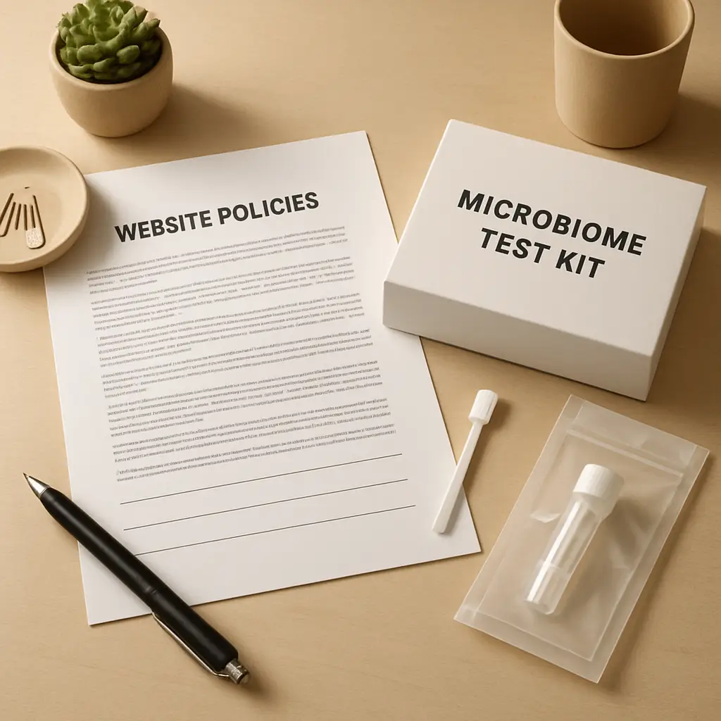 Terms and policy documents beside a microbiome test kit