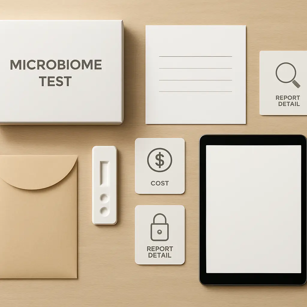 Microbiome test comparison image showing testing options, report notes, and Canadian ordering details