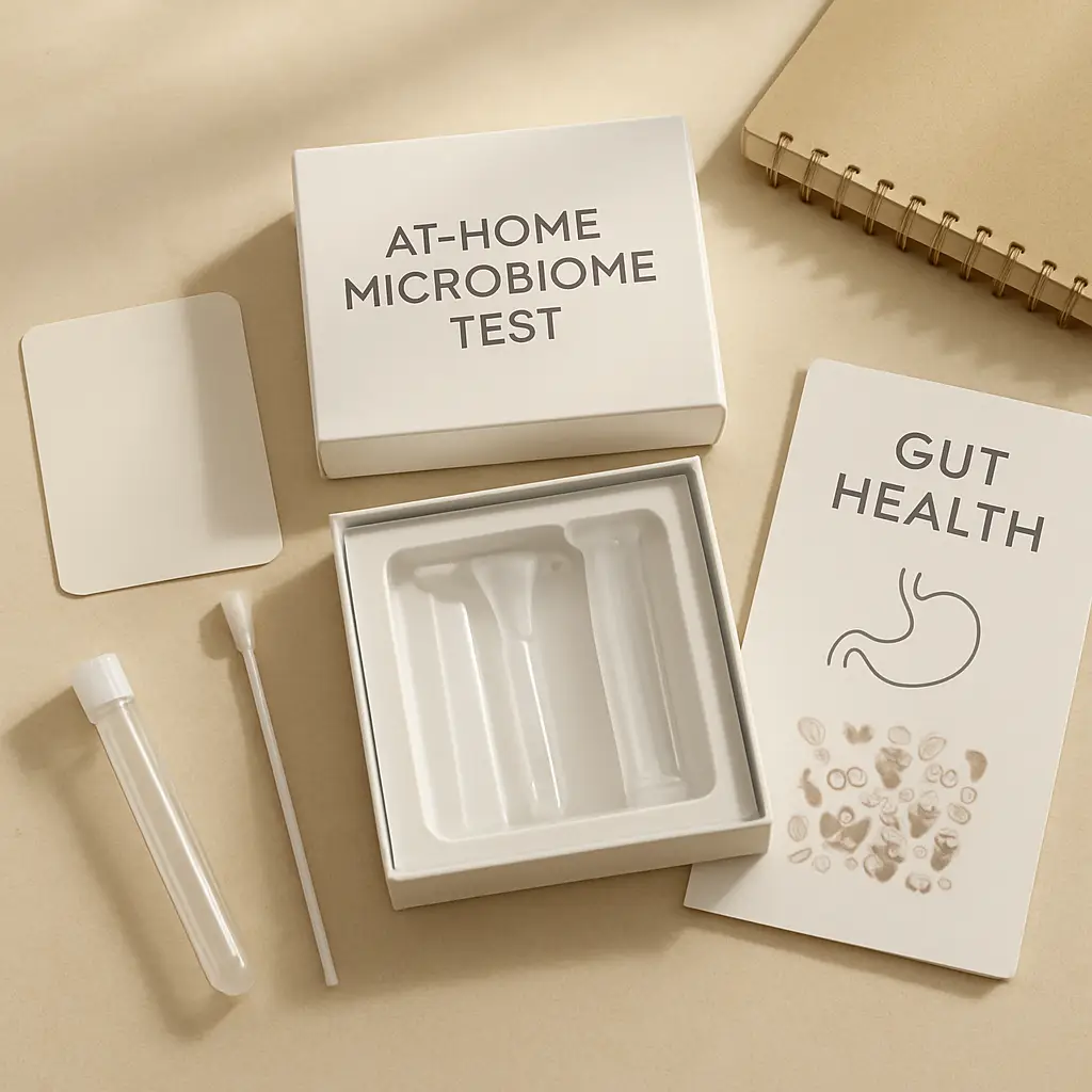 What is a microbiome test hero image showing an at-home microbiome test kit and simple educational notes