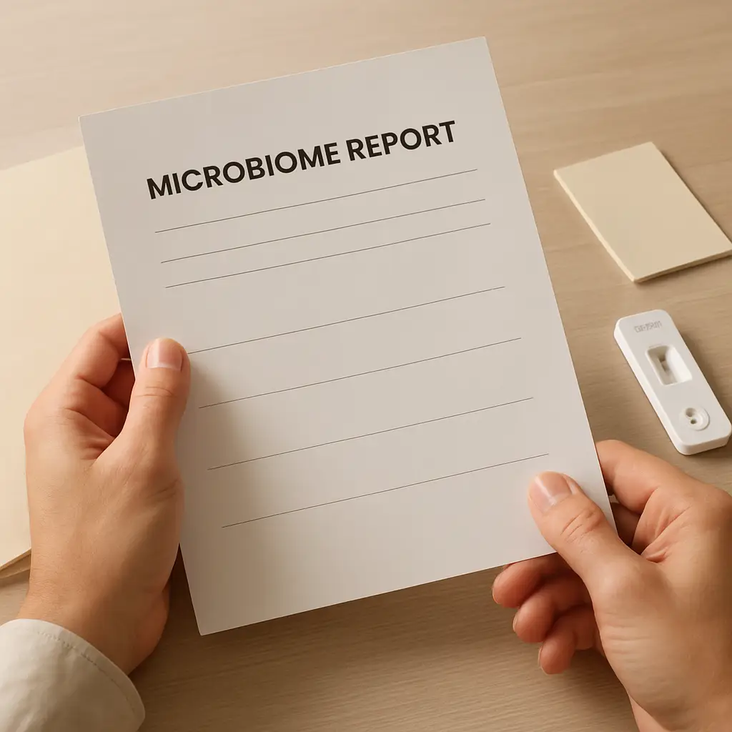 Educational image showing microbiome report review with a clear note that testing is informational and not diagnostic