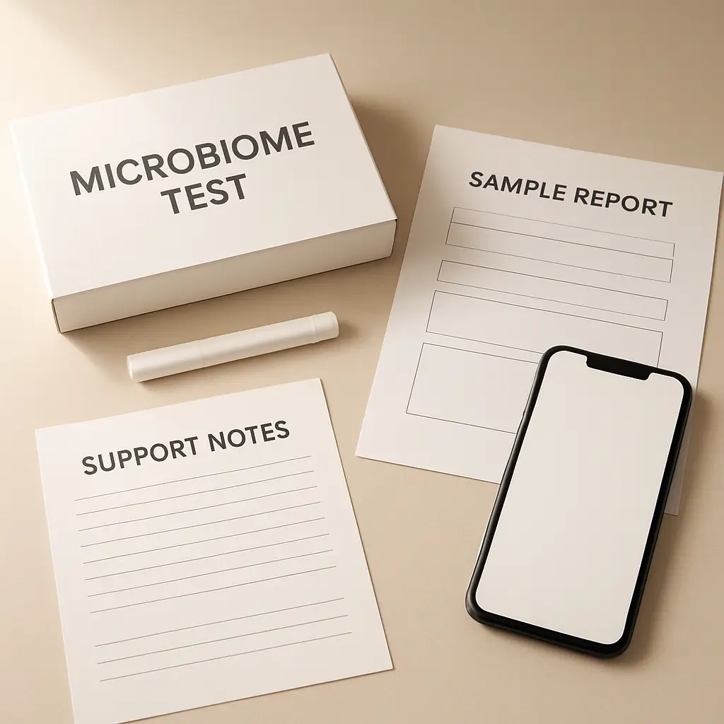 What is a microbiome test call to action image showing a clean kit, report preview, and simple next-step education