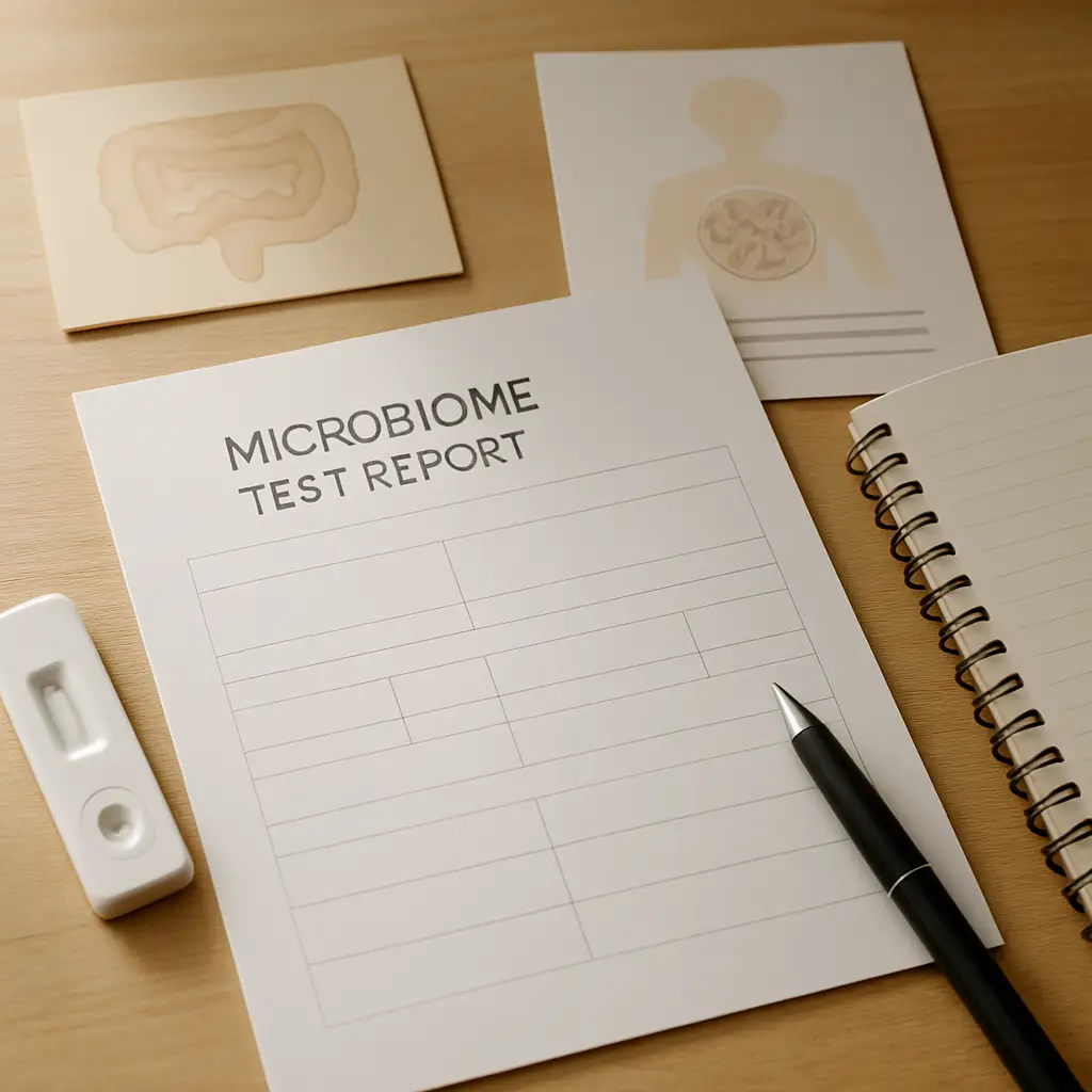 Microbiome test report image showing a clean sample report preview and gut health education materials